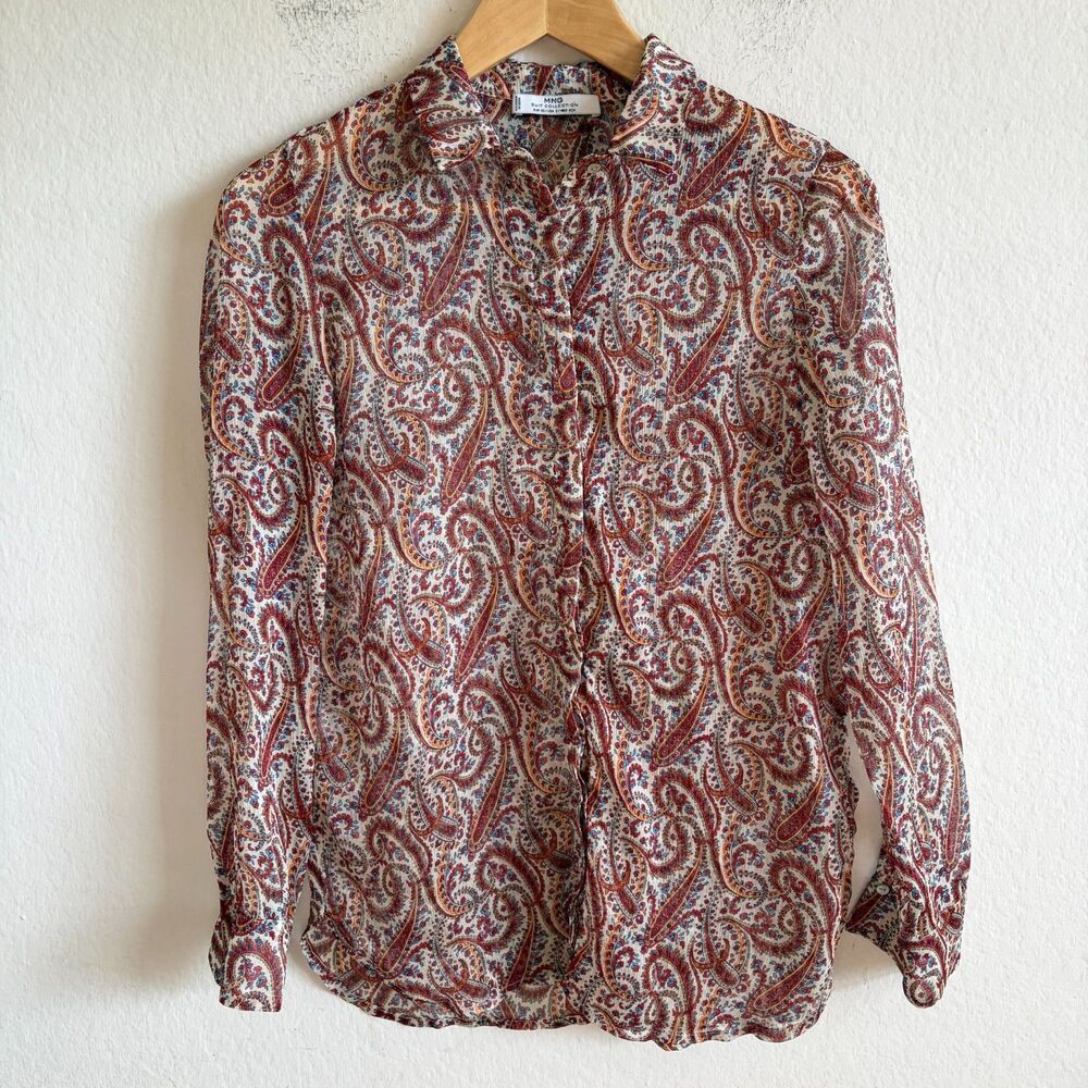 Mango MNG Paisley Print Chiffon Red Button Down Long Sleeve Blouse Womens 2 XS